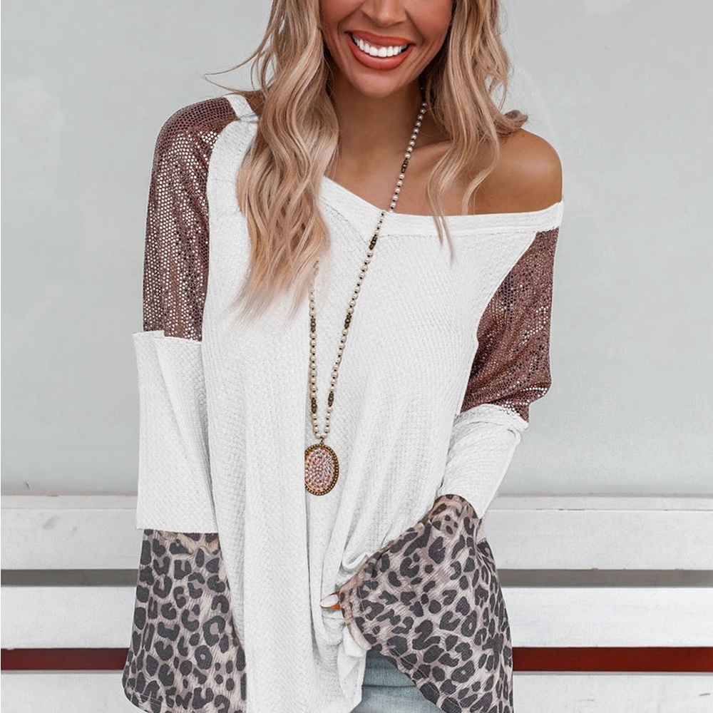 White Sequin Patchwork Bell Sleeve V Neck Tunic Top Bohemian Blouse - Picture 3 of 13